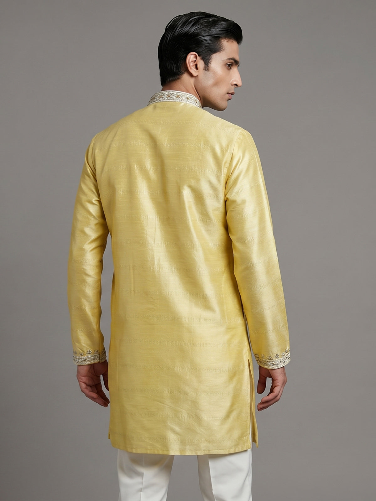 Yellow silk kurta suiit with aabla and embroidery design