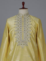 Yellow silk kurta suiit with aabla and embroidery design