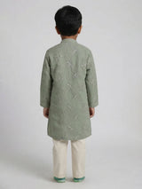 Sage green cotton linen floral thread festive kurta suit