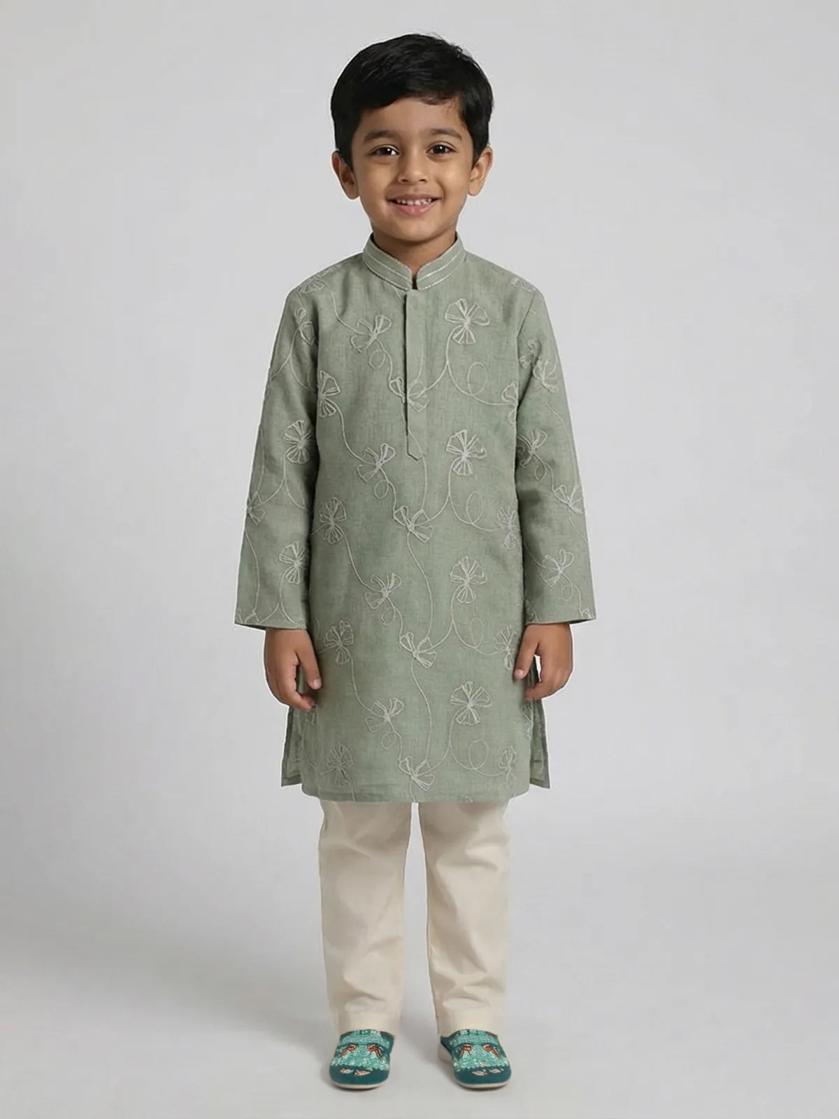 Sage green cotton linen floral thread festive kurta suit