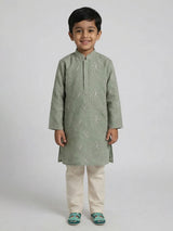 Sage green cotton linen floral thread festive kurta suit