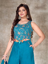 Firozi blue silk palazzo suit with shell work