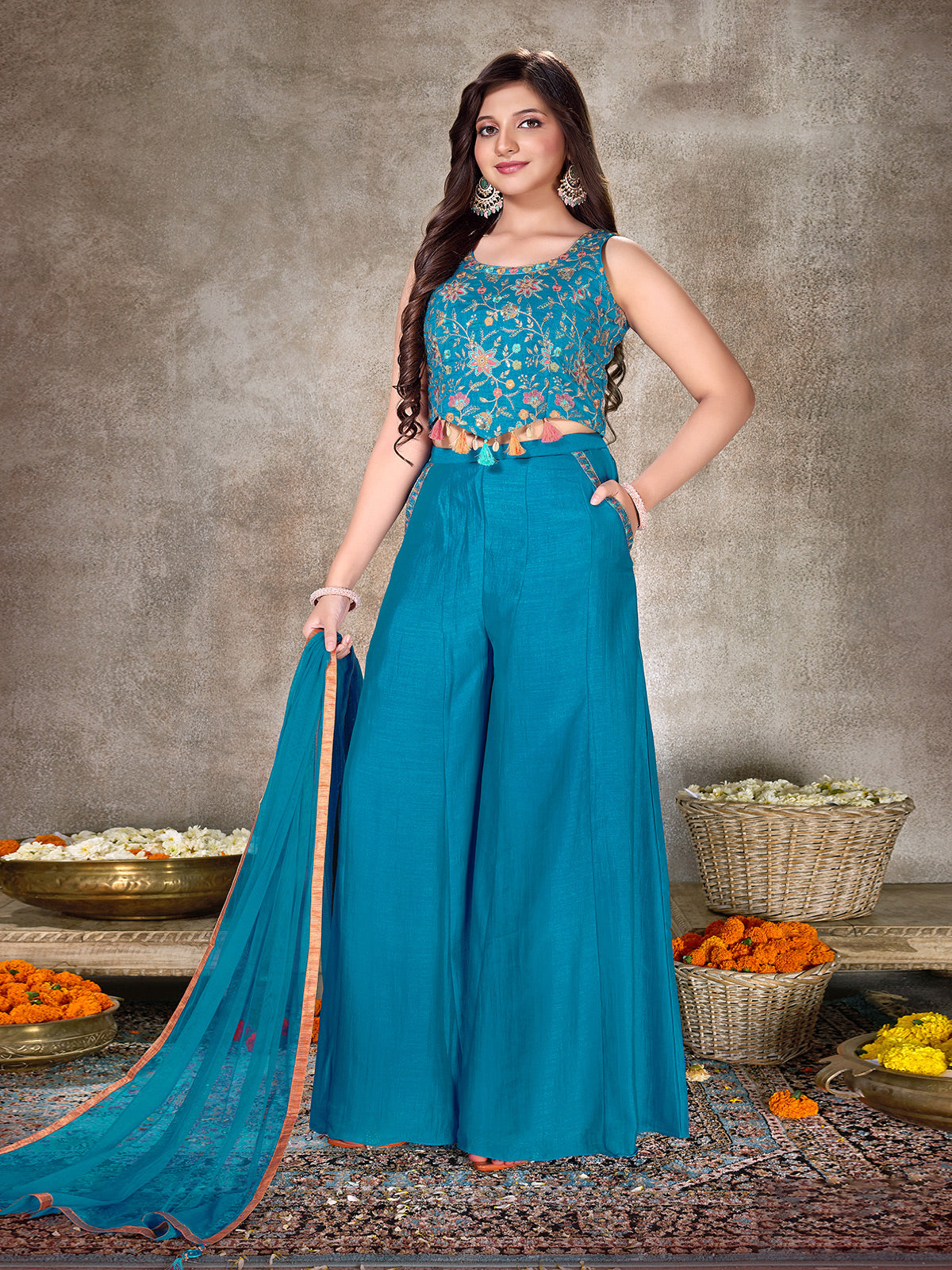 Firozi blue silk palazzo suit with shell work