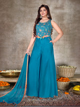 Firozi blue silk palazzo suit with shell work