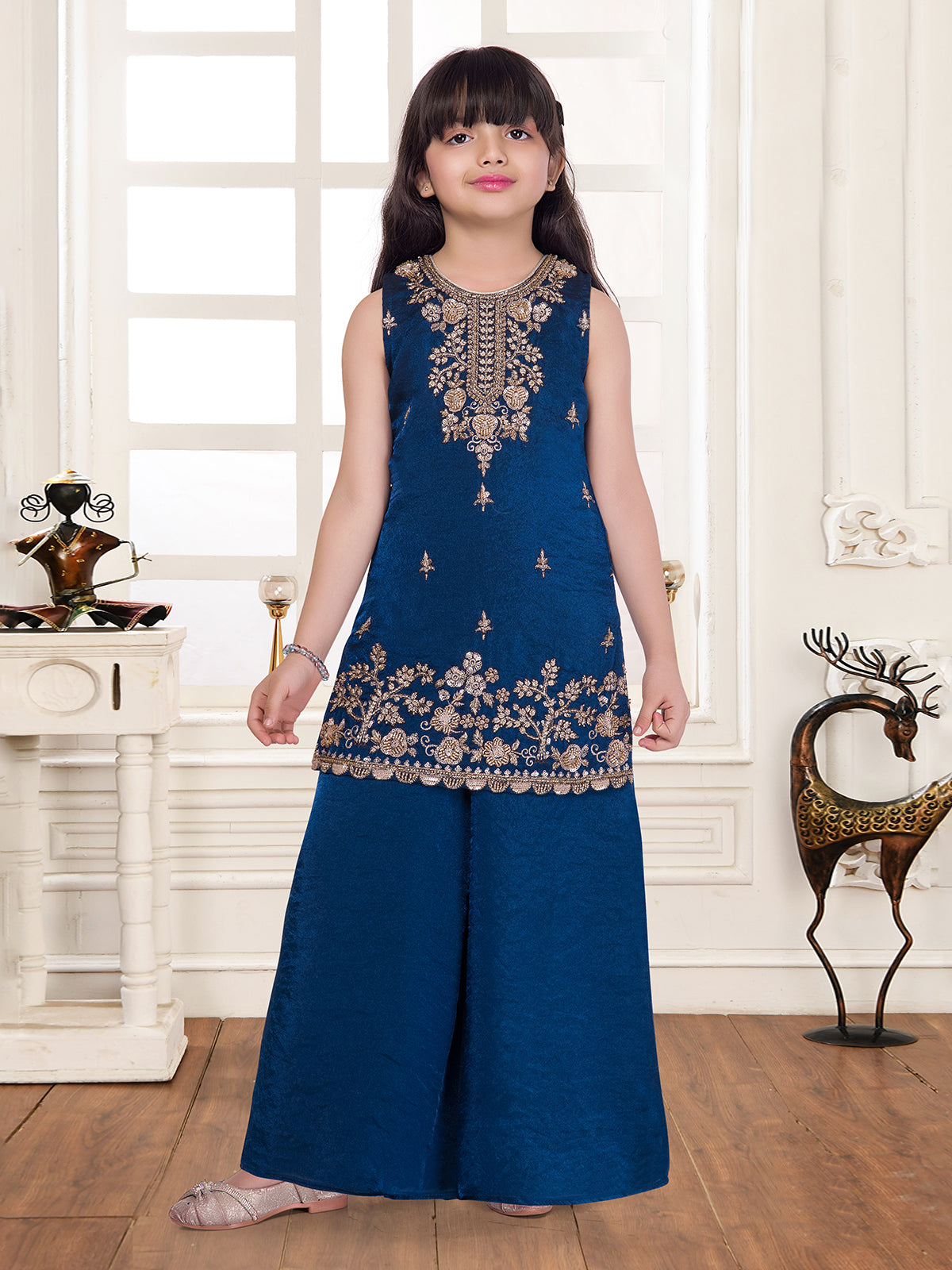 Blue silk yoke style palazzo suit for girls