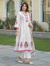 White cotton kurti set with pink prints
