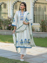 White cotton kurti set with blue prints