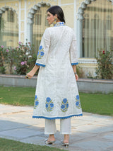 White cotton kurti set with blue prints
