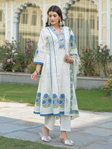 White cotton kurti set with blue prints