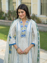 White cotton kurti set with blue prints