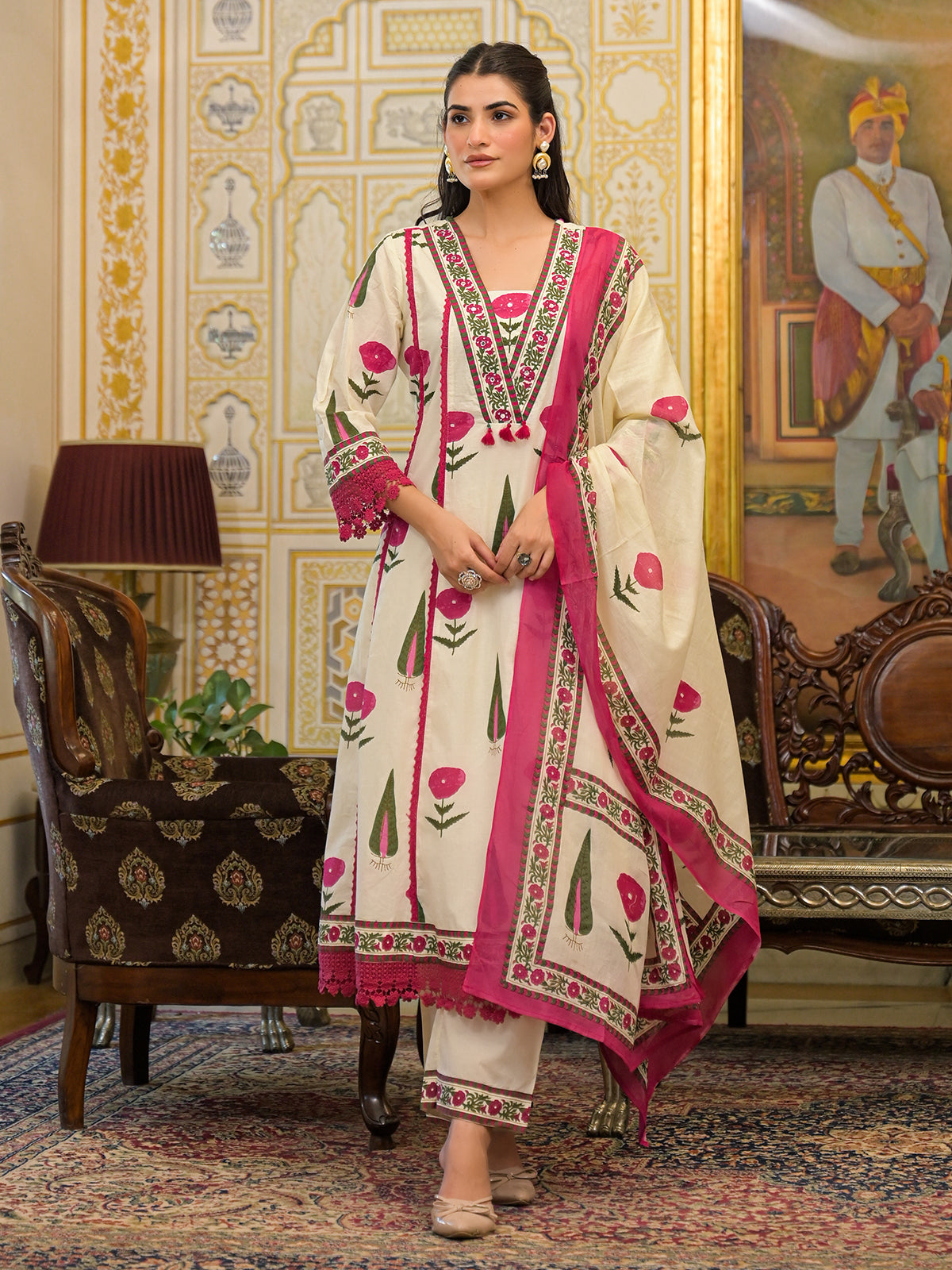 Off white printed kurti set with thread and sequins work