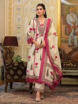 Off white printed kurti set with thread and sequins work