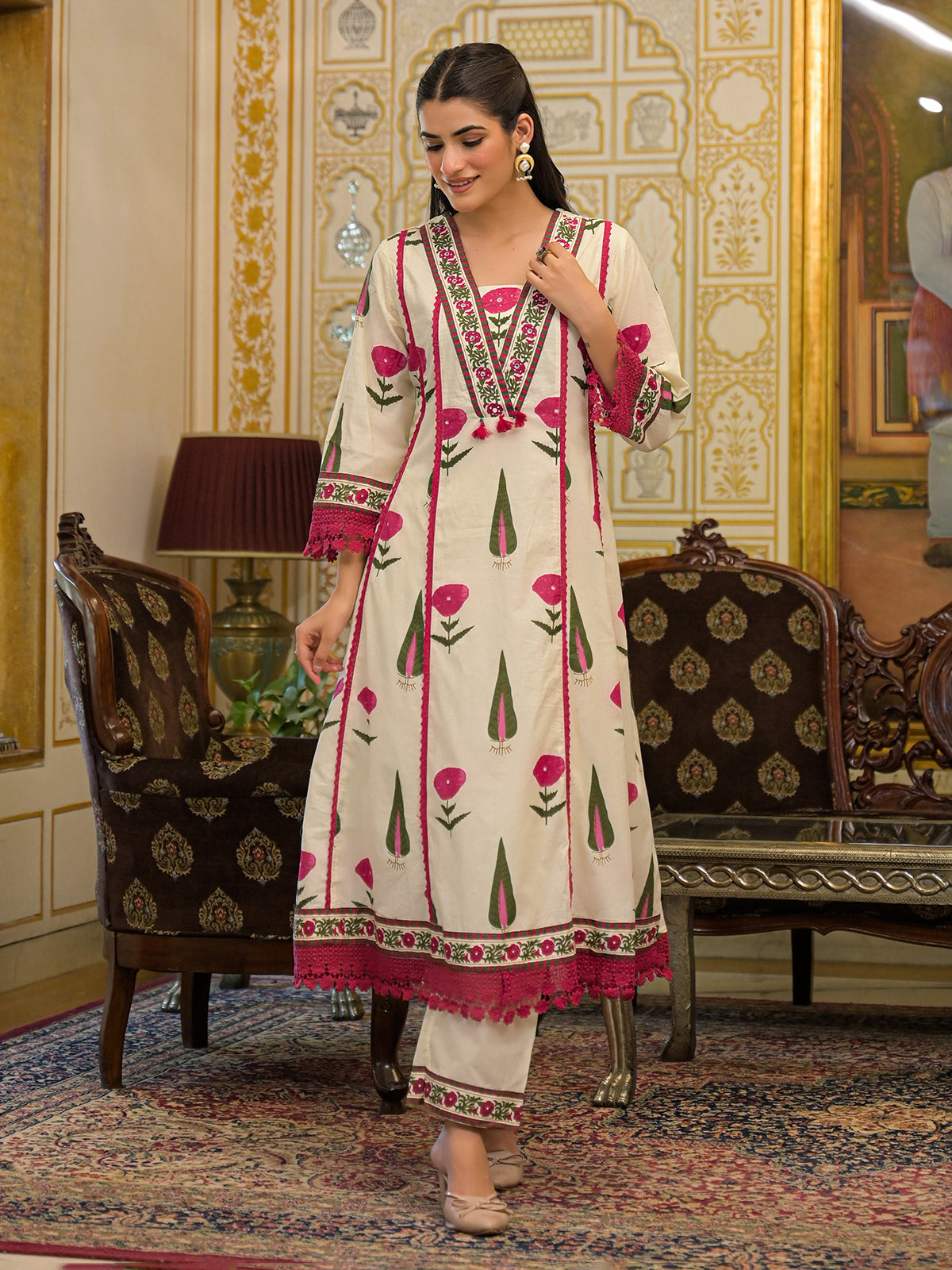 Off white printed kurti set with thread and sequins work