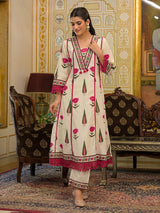 Off white printed kurti set with thread and sequins work