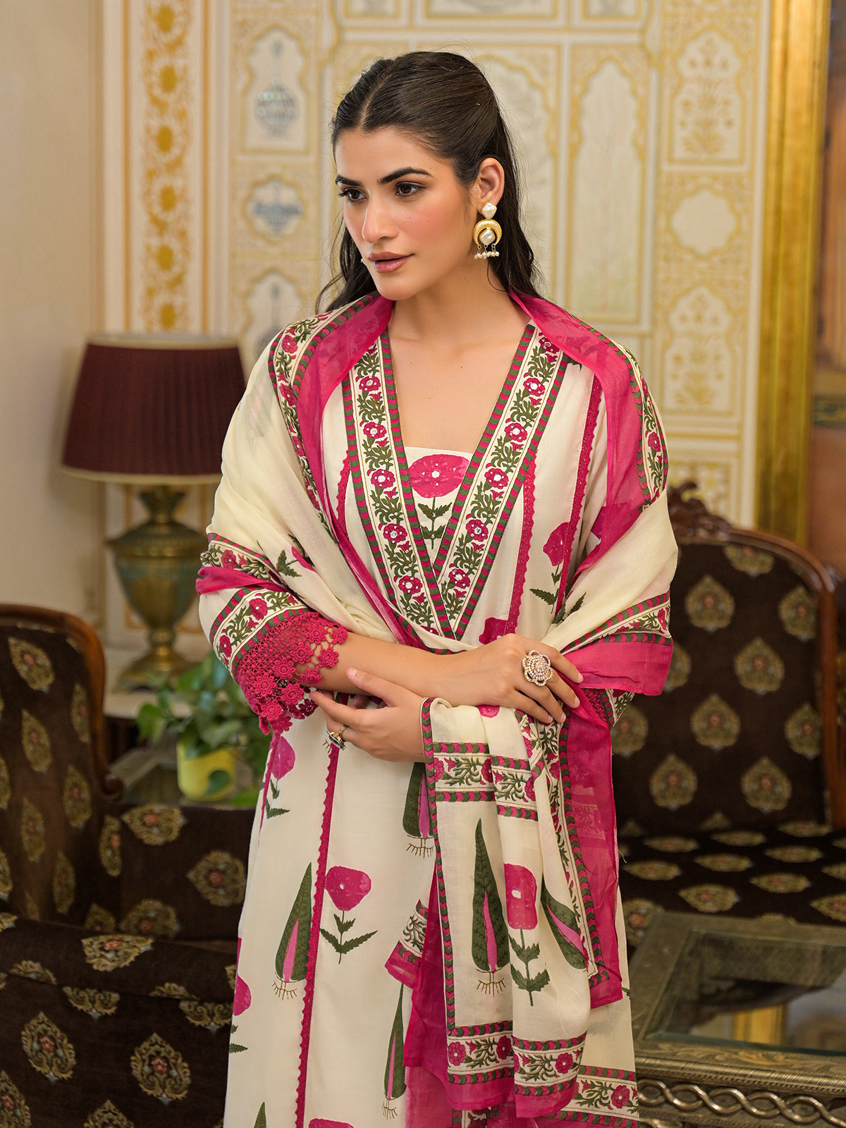 Off white printed kurti set with thread and sequins work