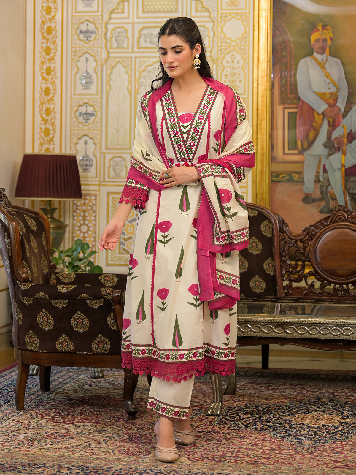 Off white printed kurti set with thread and sequins work