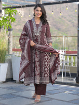 Brown cotton kurti set with bead work and dupatta
