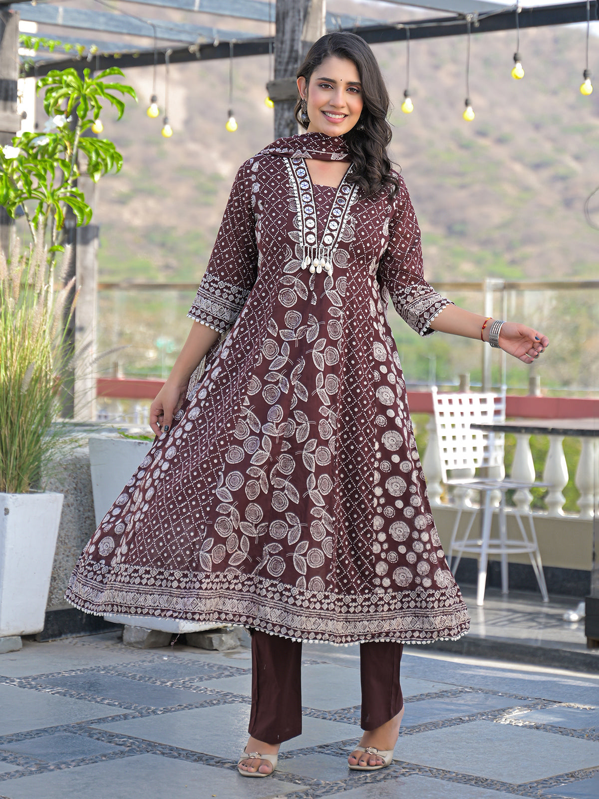 Brown cotton kurti set with bead work and dupatta