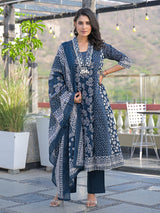Blue cotton kurti set with bead work