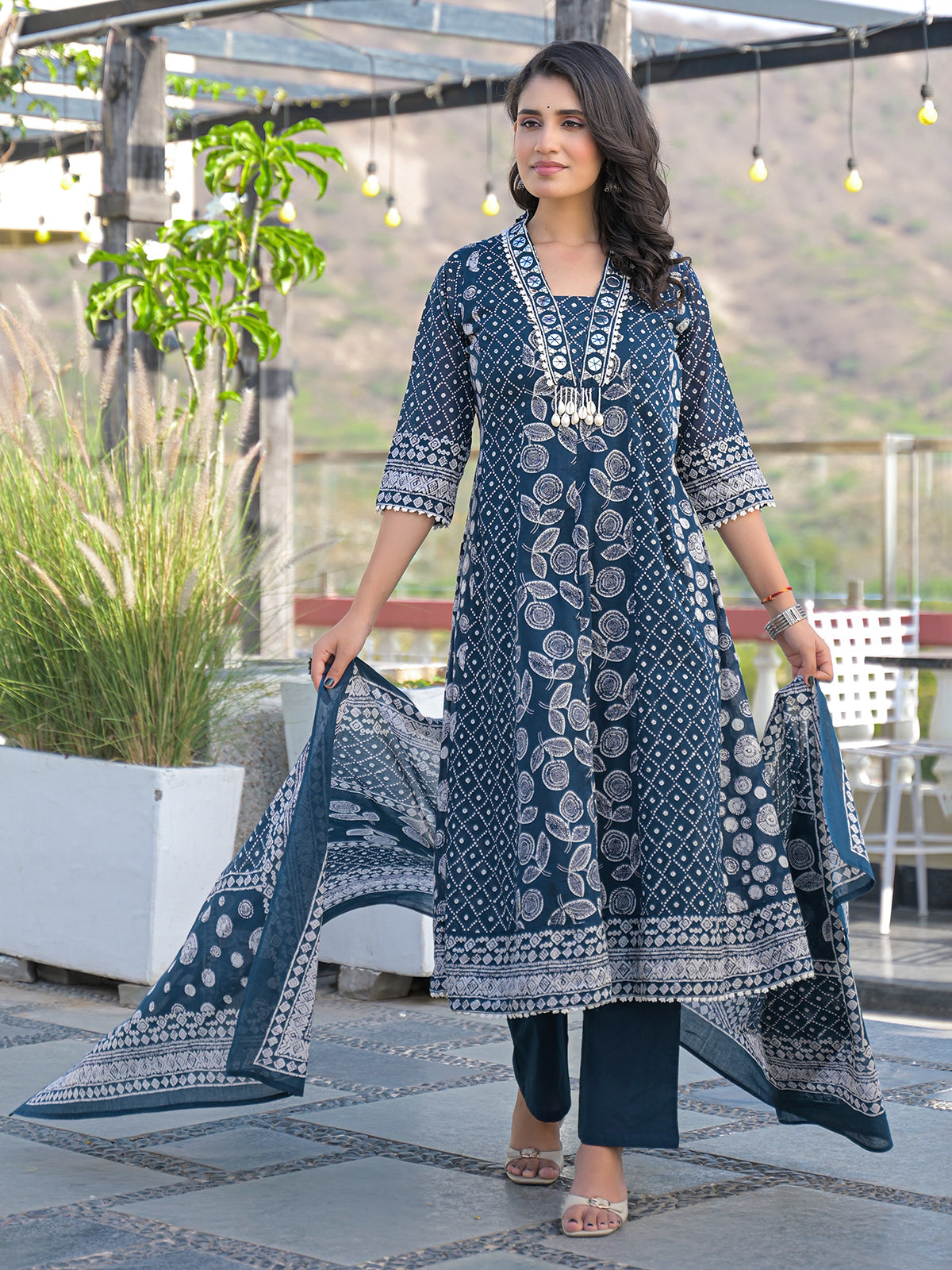 Blue cotton kurti set with bead work