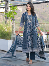 Blue cotton kurti set with bead work