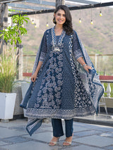 Blue cotton kurti set with bead work