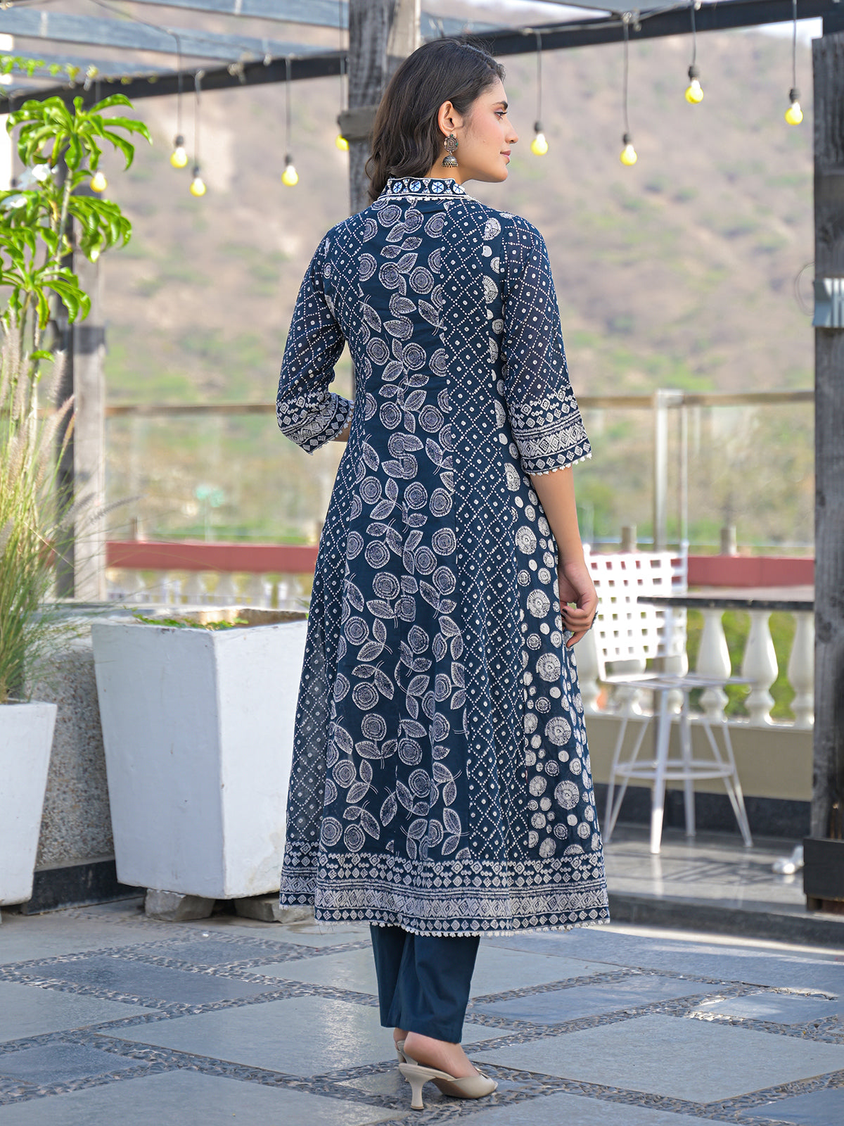 Blue cotton kurti set with bead work