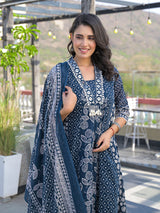 Blue cotton kurti set with bead work