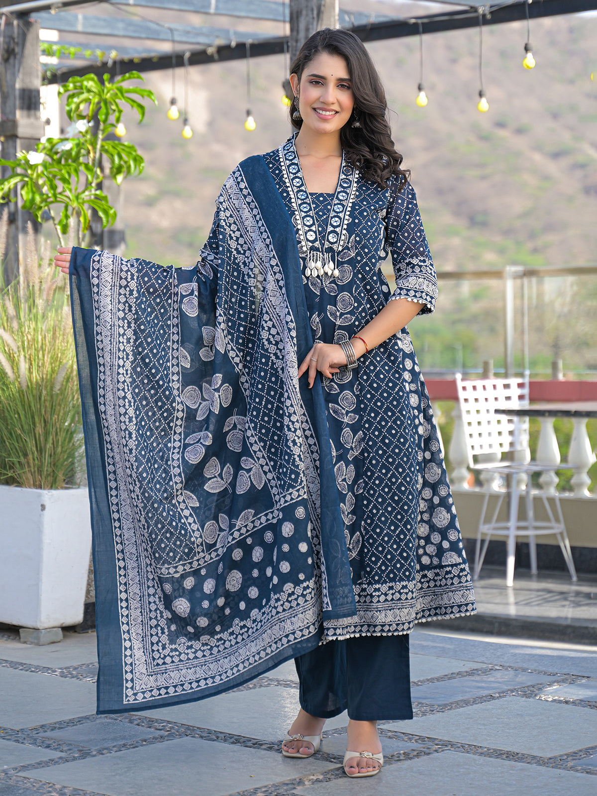 Blue cotton kurti set with bead work