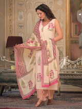 Off white sleeveless cotton kurti set with dupatta