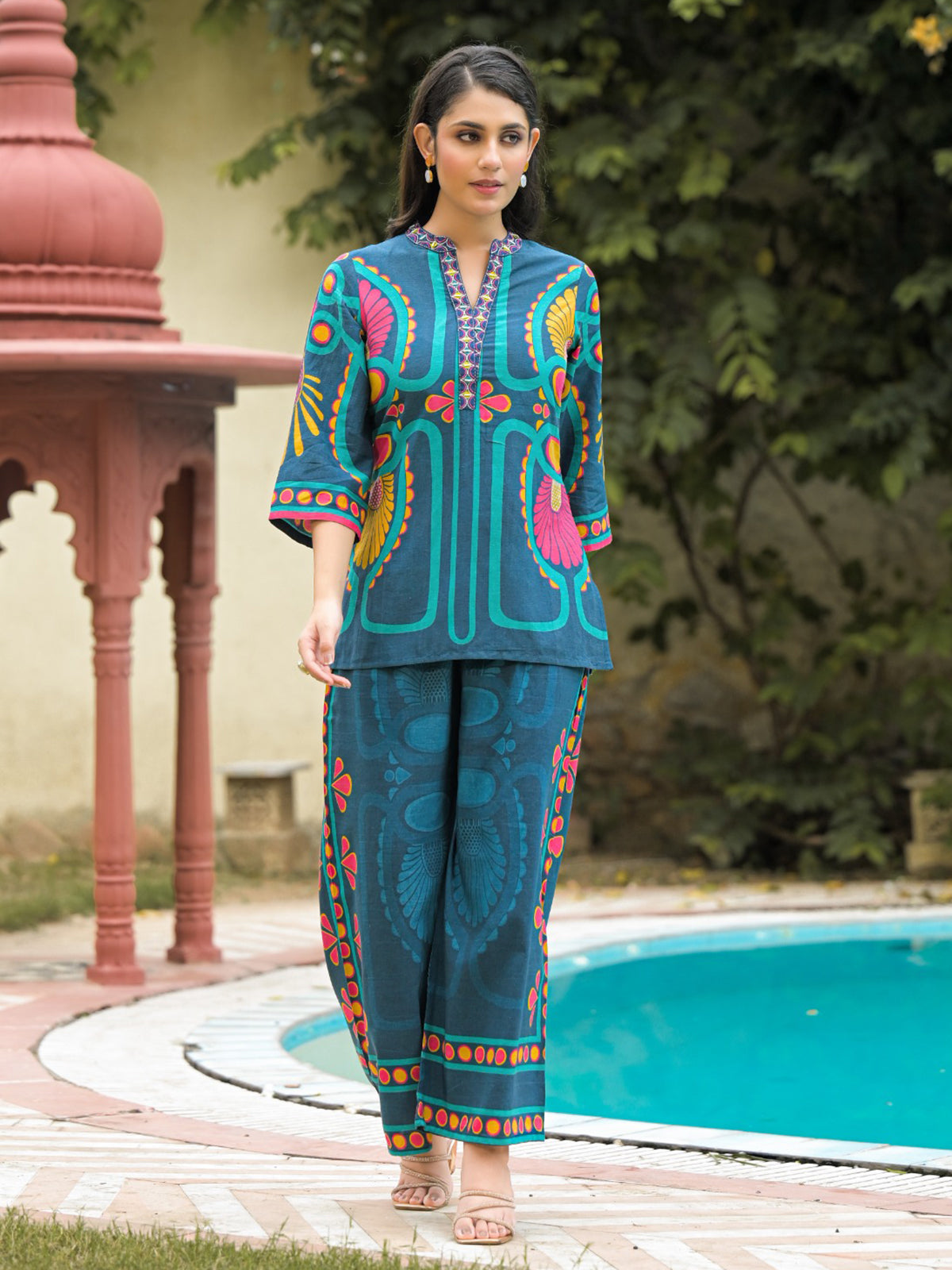 Blue printed cotton co ord set for women