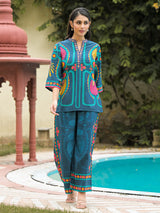 Blue printed cotton co ord set for women