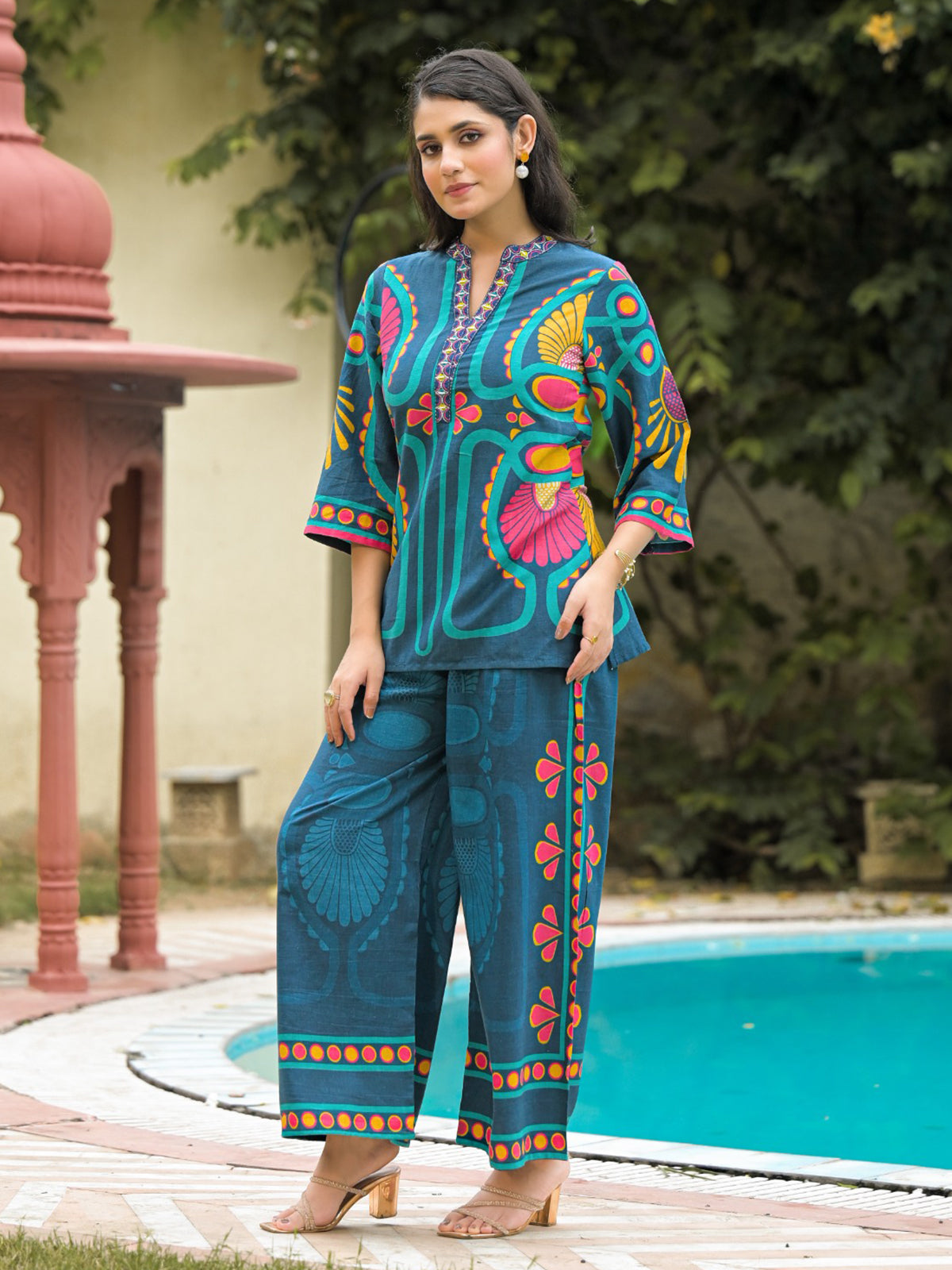 Blue printed cotton co ord set for women