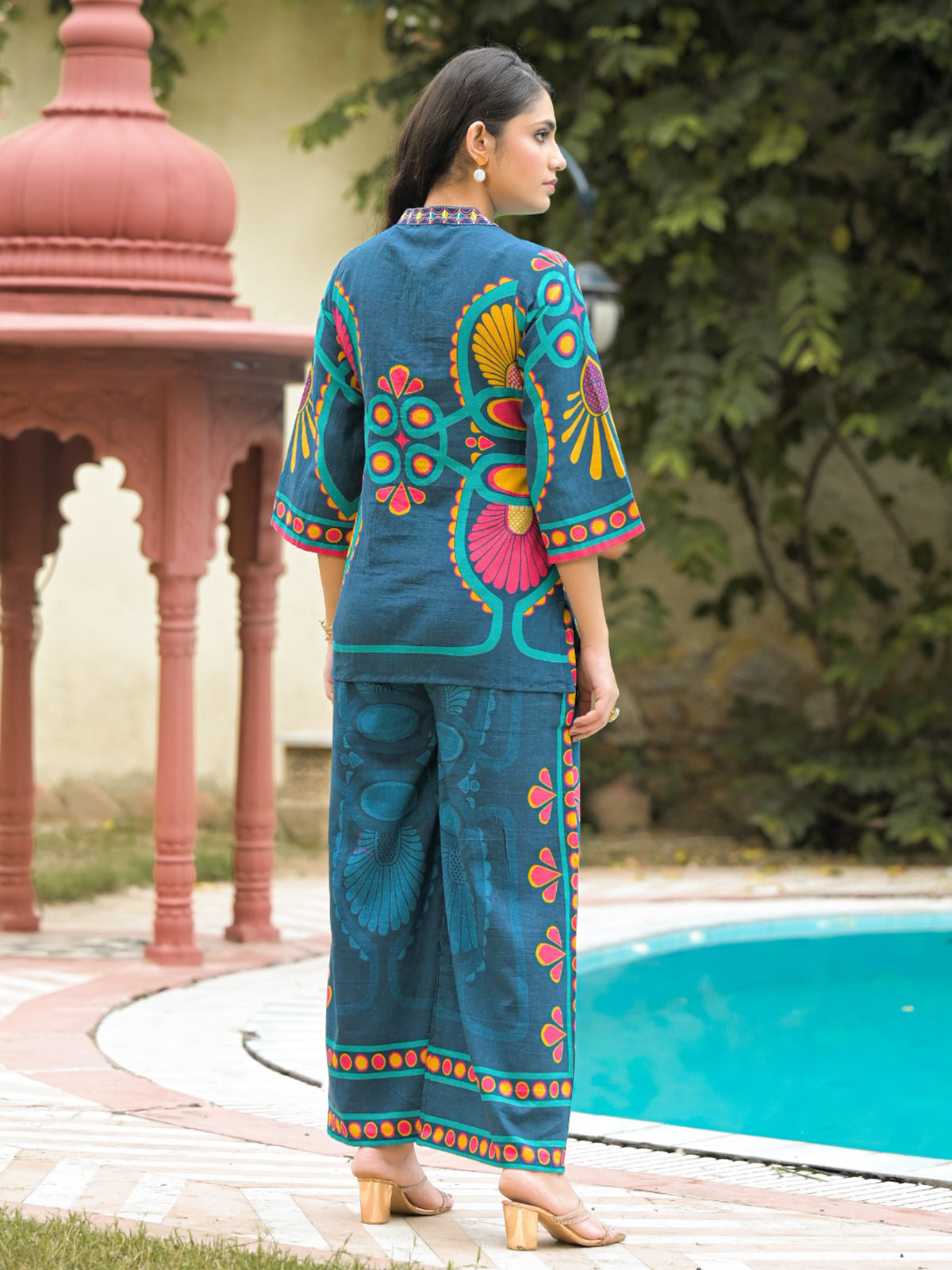 Blue printed cotton co ord set for women