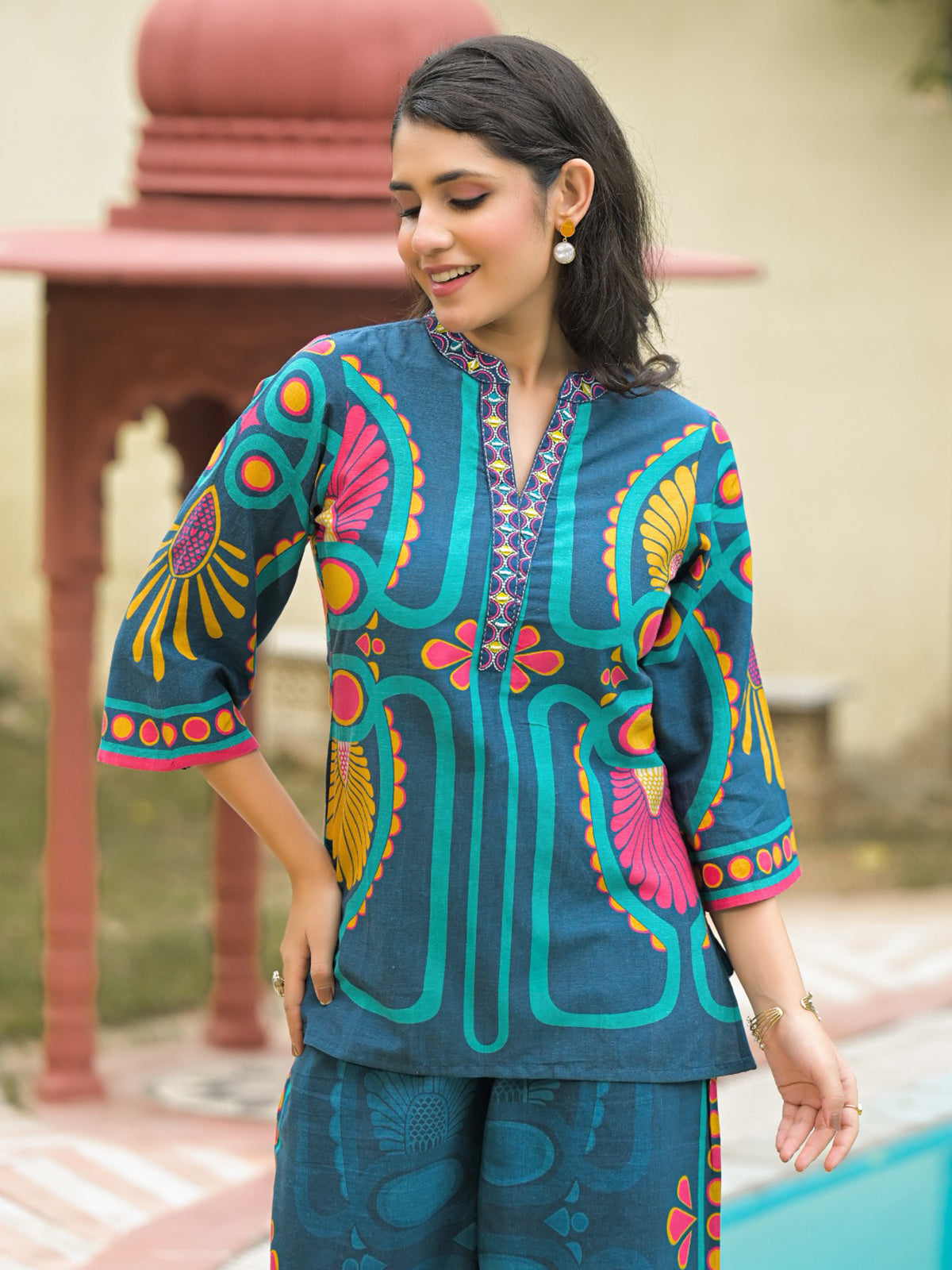 Blue printed cotton co ord set for women