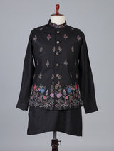 Black linen waistcoat set with floral embroidery