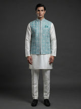 Blue silk waistcoat set with aabla and embroidery