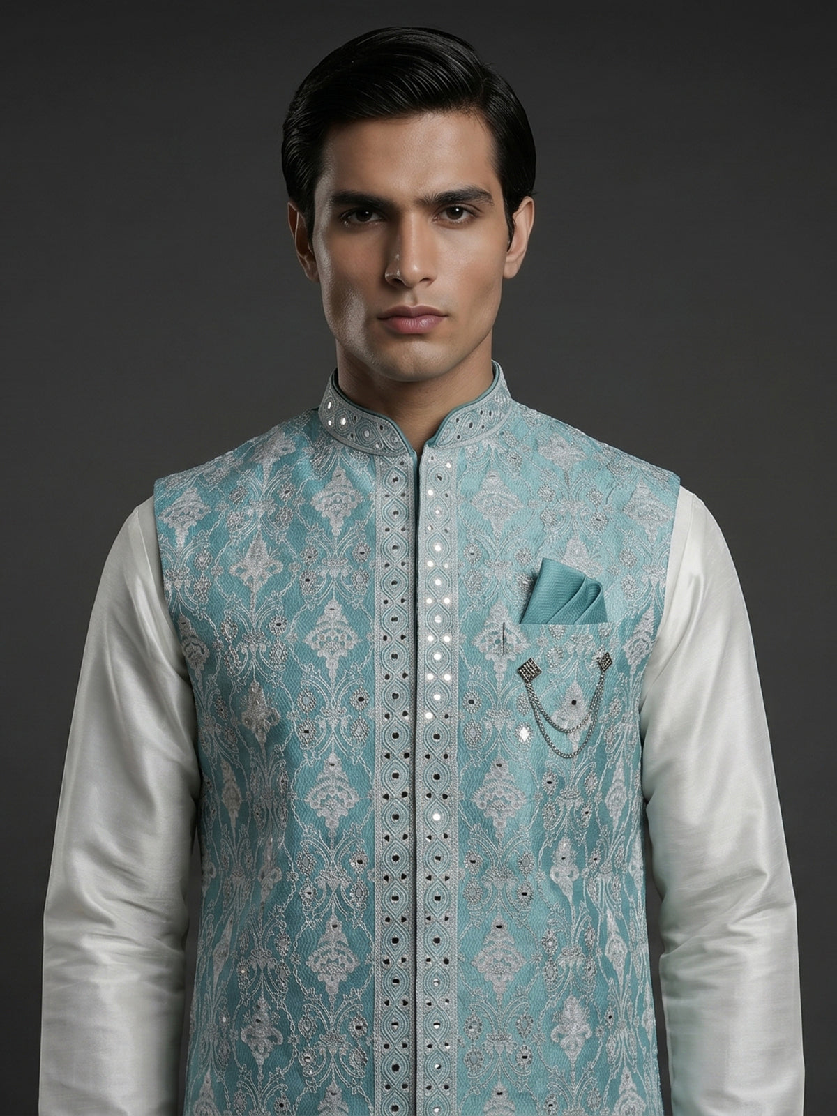 Blue silk waistcoat set with aabla and embroidery
