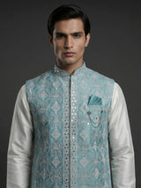 Blue silk waistcoat set with aabla and embroidery