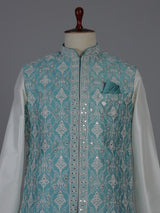 Blue silk waistcoat set with aabla and embroidery