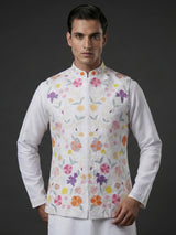 White silk waistcoat set with colorful floral thread