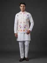 White silk waistcoat set with colorful floral thread