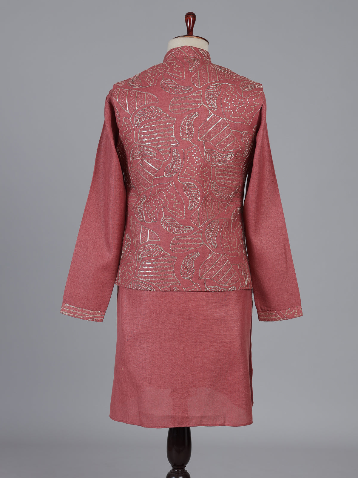 Onion pink linen waistcoat set with sequin work