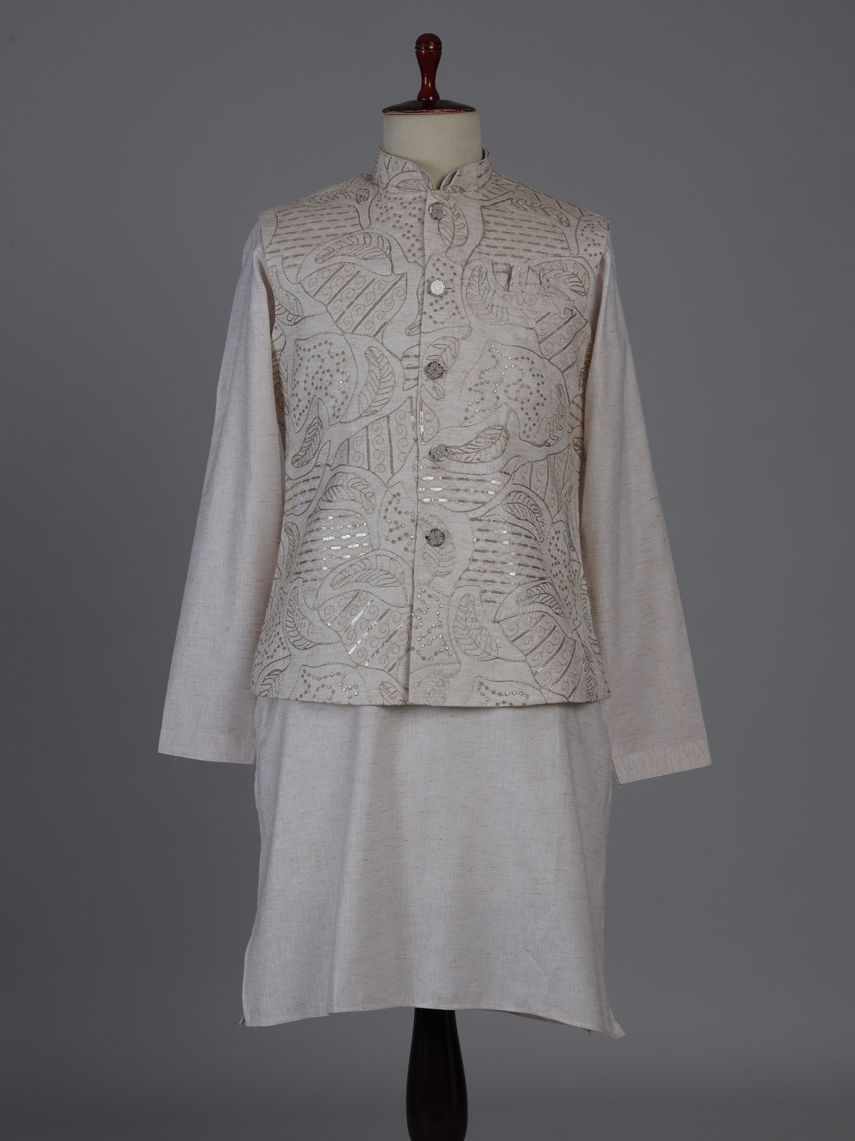 Beige silk waistcoat set with sequin and embroidery