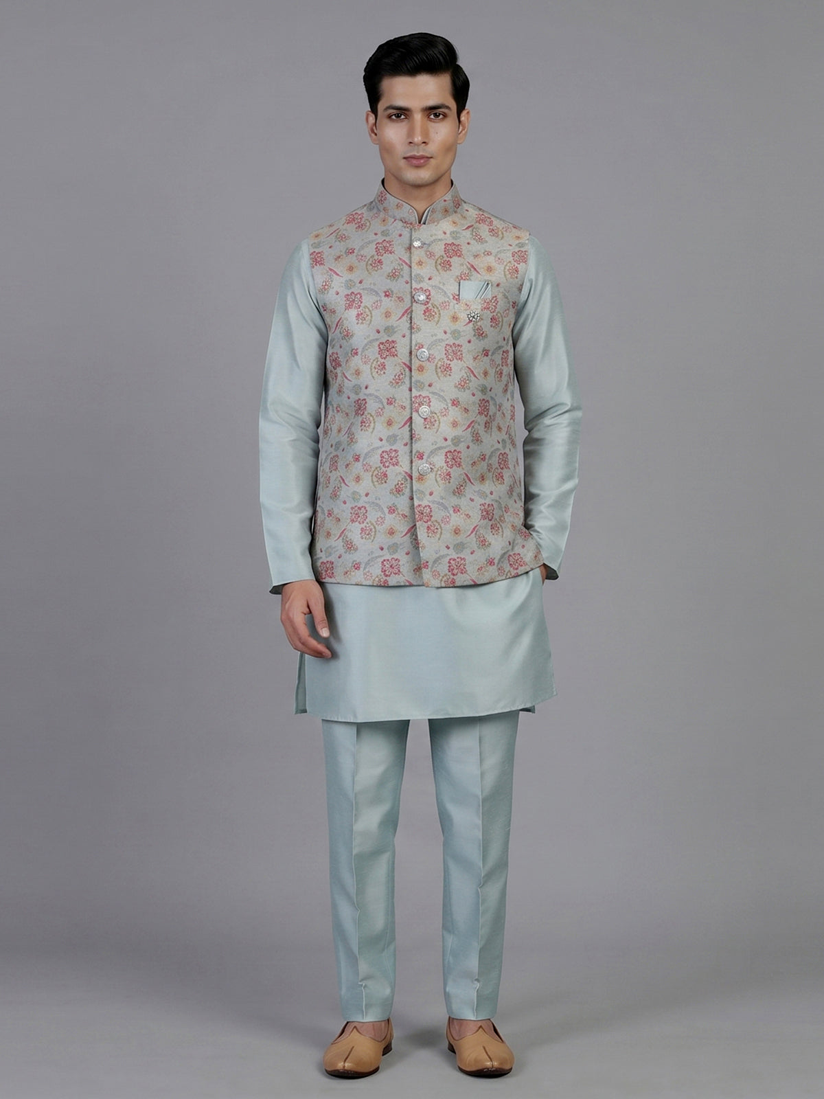 Mint blue silk waistcoat set with zari motifs