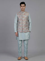 Mint blue silk waistcoat set with zari motifs
