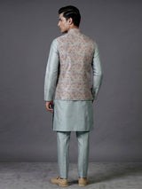 Mint blue silk waistcoat set with zari motifs