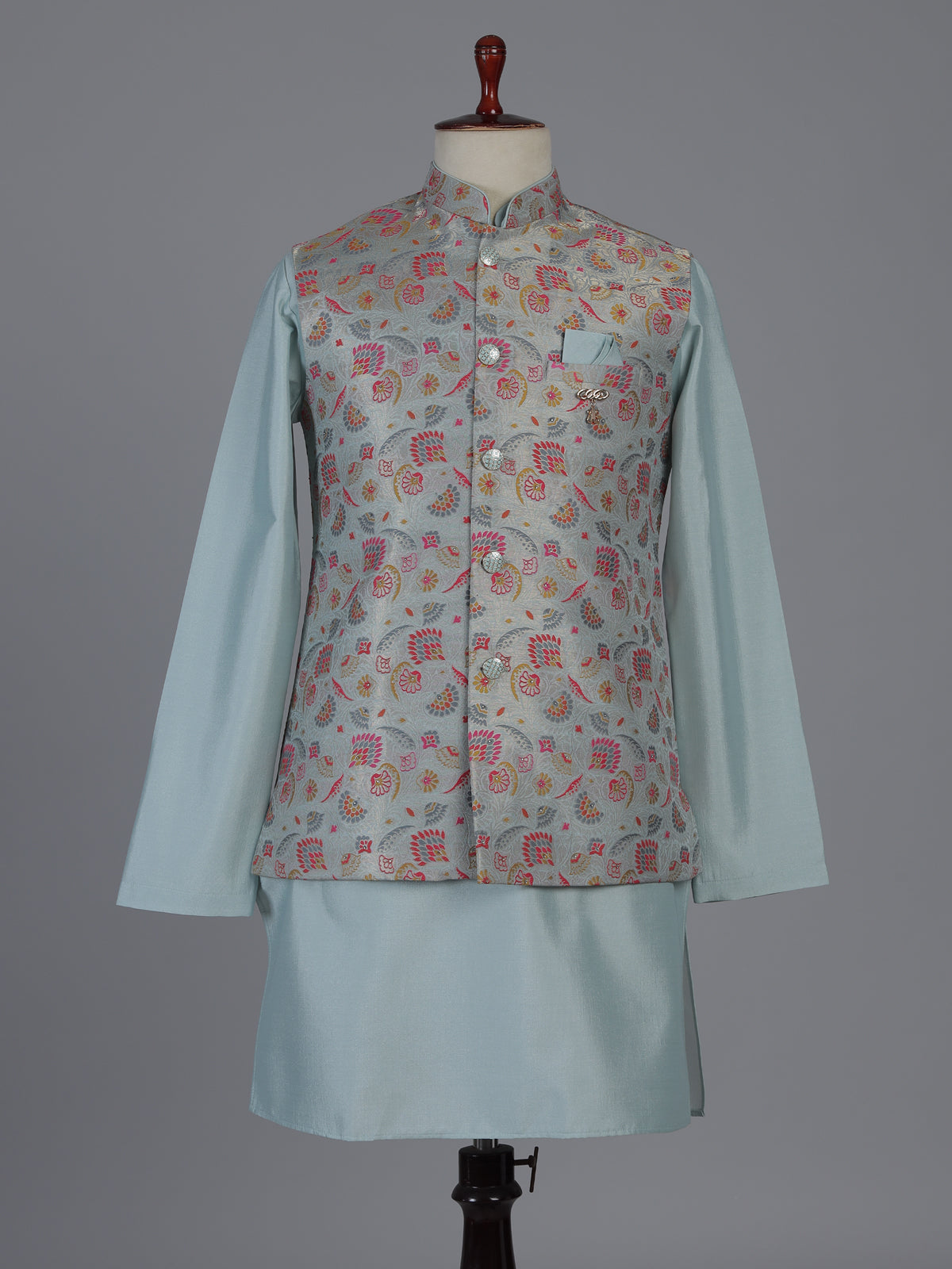 Mint blue silk waistcoat set with zari motifs