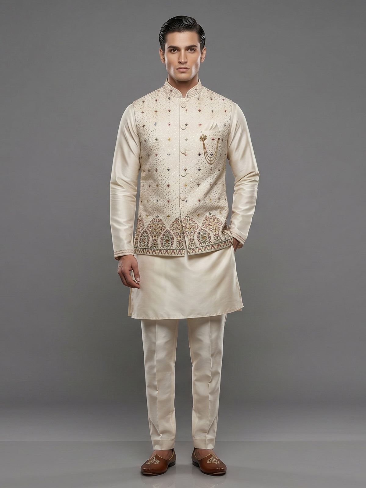 Beige silk waistcoat set with embroidered and sequins