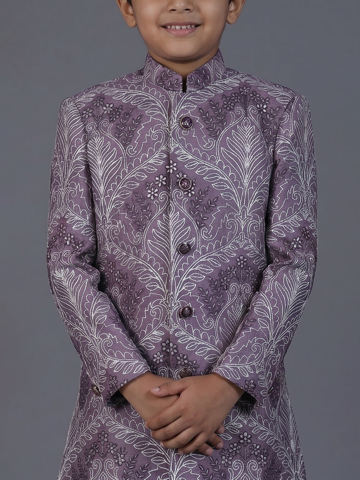 Purple silk embroidered work indowestern suit